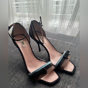 Prada Blue, Black, and Brown Grosgrain Striped Ankle Strap Heels with Bow Sz 40